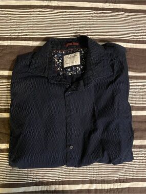 Denim & Flower Navy Microdot Button-Down Shirt with Floral Trim